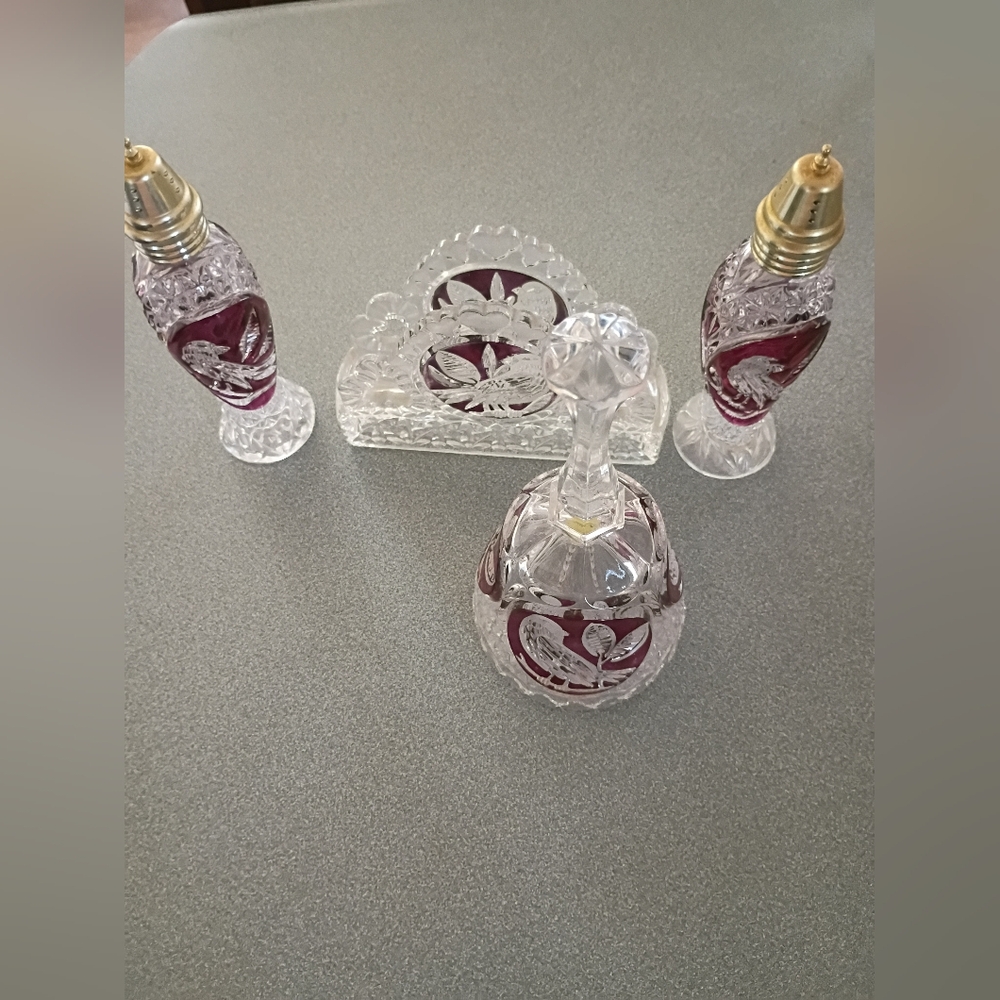 VTG HOFBAUER BYRDES CRYSTAL BELL, SALT &‎ PEPPER SHAKER , NAPKIN HOLDER